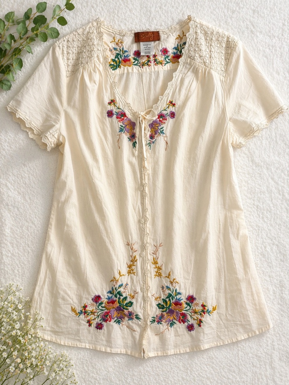 Scully Embroidered Boho Peasant Top XL Cream Floral Cotton Western